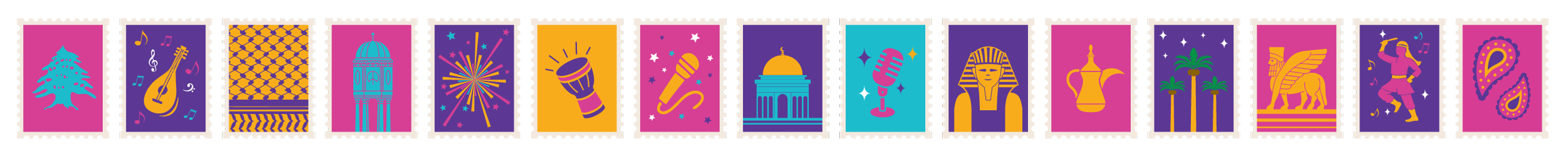 Festival stamps — cedar, dome, drum, microphone, pharaoh, palm, dancer, cup